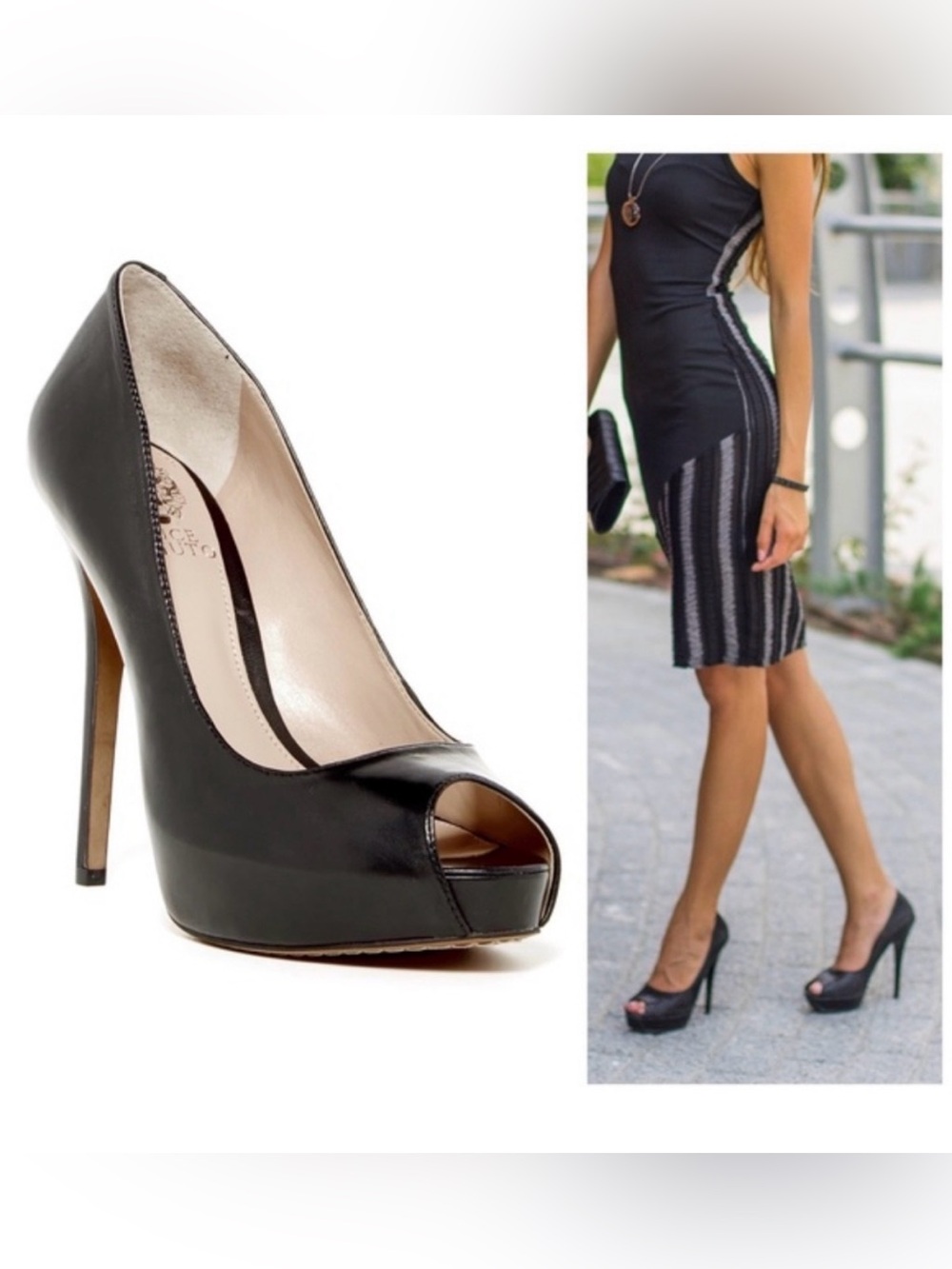Vince Camuto Lorimina Black Leather Peep-Toe Pumps Size 7.5 NEW
